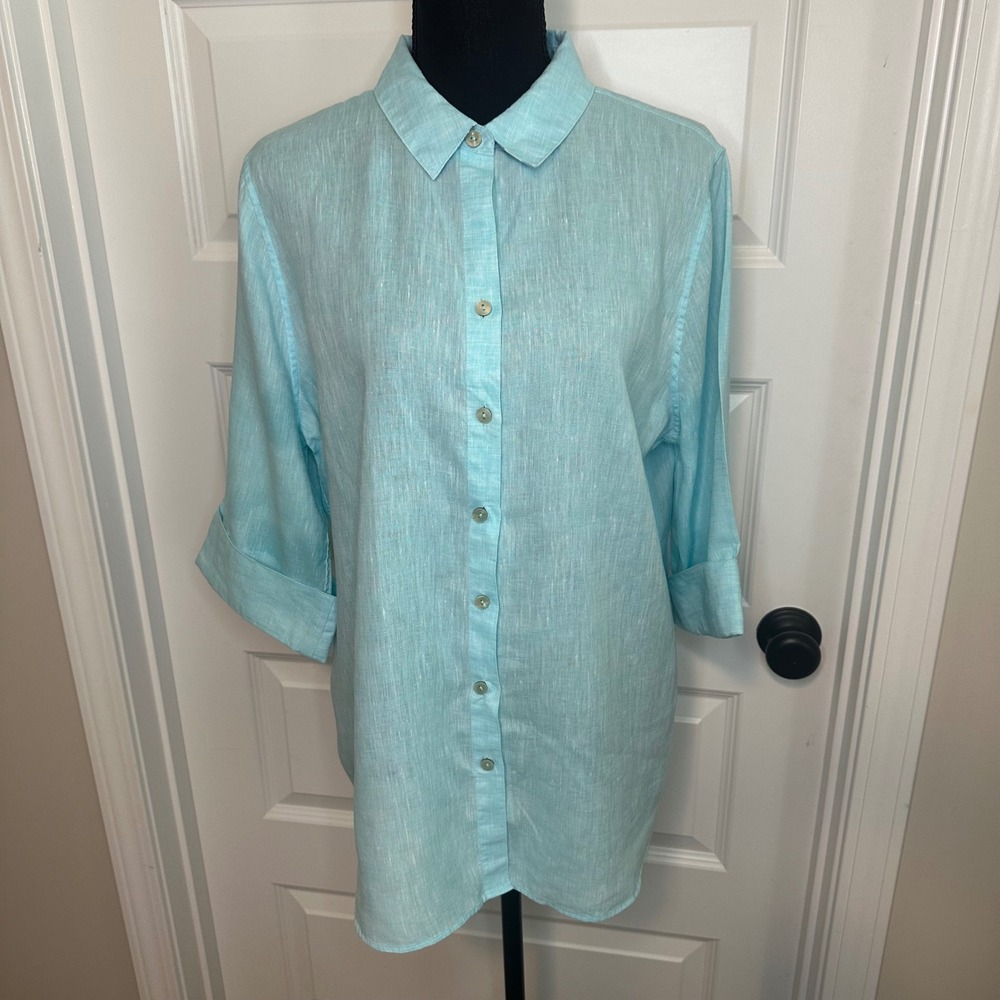 Chicos No Iron 100% Linen Button Down Shirt Aqua Blue 3/4 Sleeve Size 2 Large
